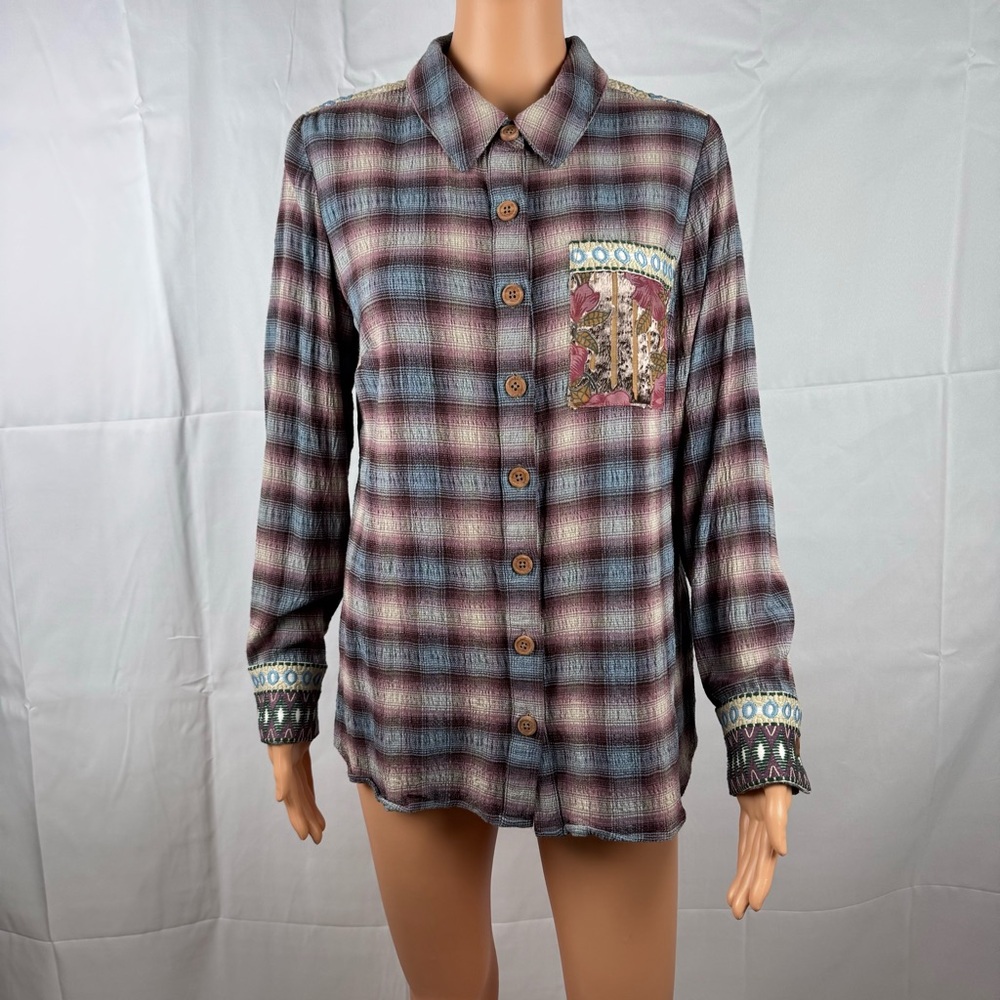 Soft Surroundings Rosebay Embroidered Velvet Floral Plaid Shirt